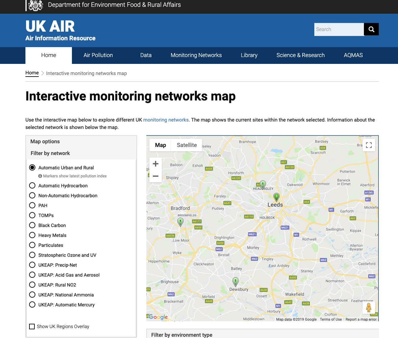 defra map showing 3 air quality monitoring stations in leeds