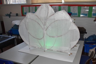 Lit up lantern on classroom table with code tested